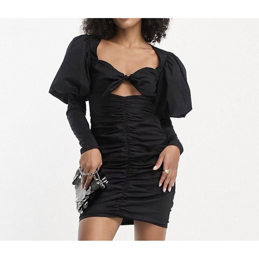NWT ASOS Luxe Black Puff Sleeve Bodycon Mini Dress Sz 2 Stretch Cotton
